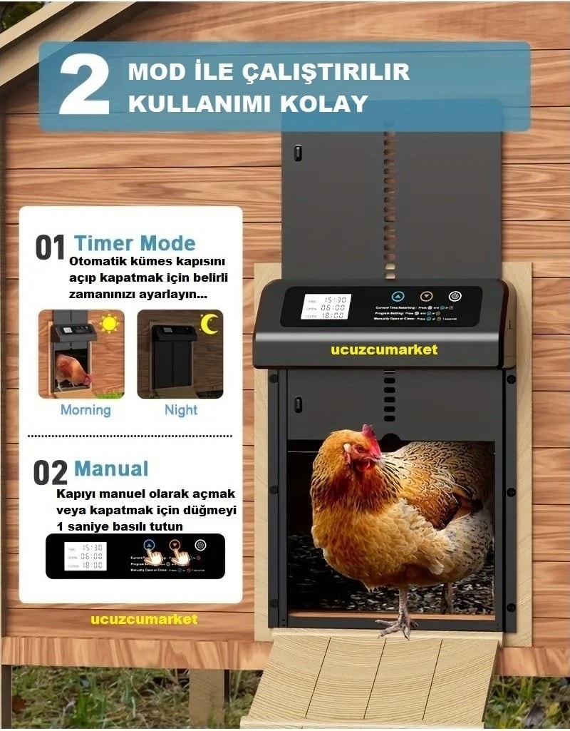 Zaman Ayarlı Programlanabilir Dijital Ekranlı Kümes Kapısı (Sıkışma Önleyici -Su Geçirmez)