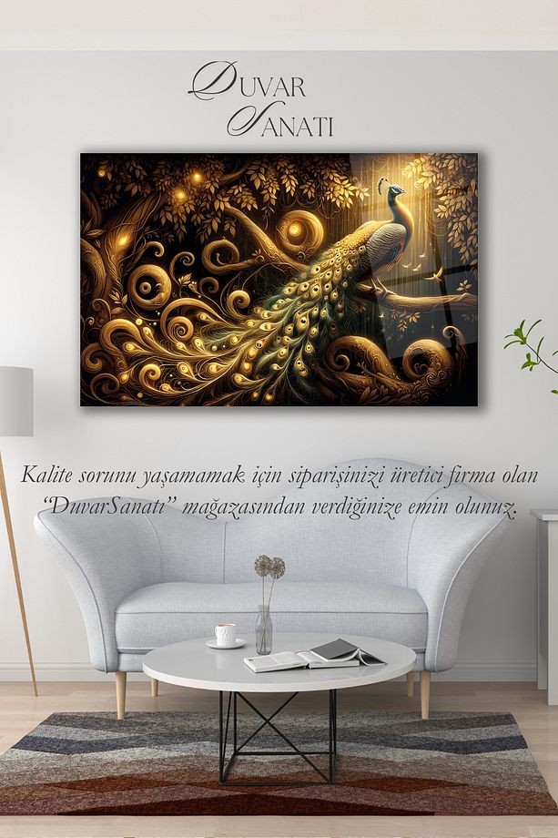 Tavus Kuşu Modern Cam Tablo Ev Ofis Salon Hediyelik Soyut Büyük Tablo