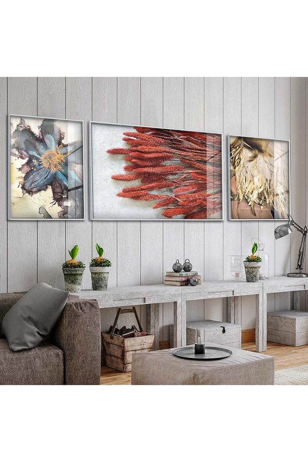 Gümüş Metal Çerçeveli Kurumuş Çiçek Üçlü Kırılmaz Cam Tablo Seti