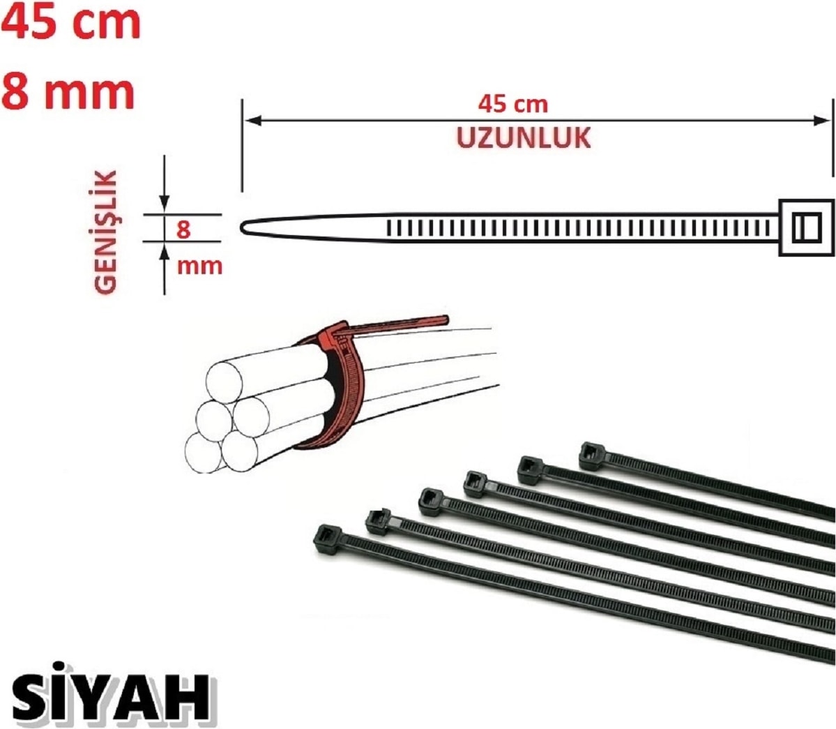 (50 Adet) 45CM x 8mm Plastik Cırt Kelepçe ( Kablo Bağı) Siyah Ean- 2060219021942