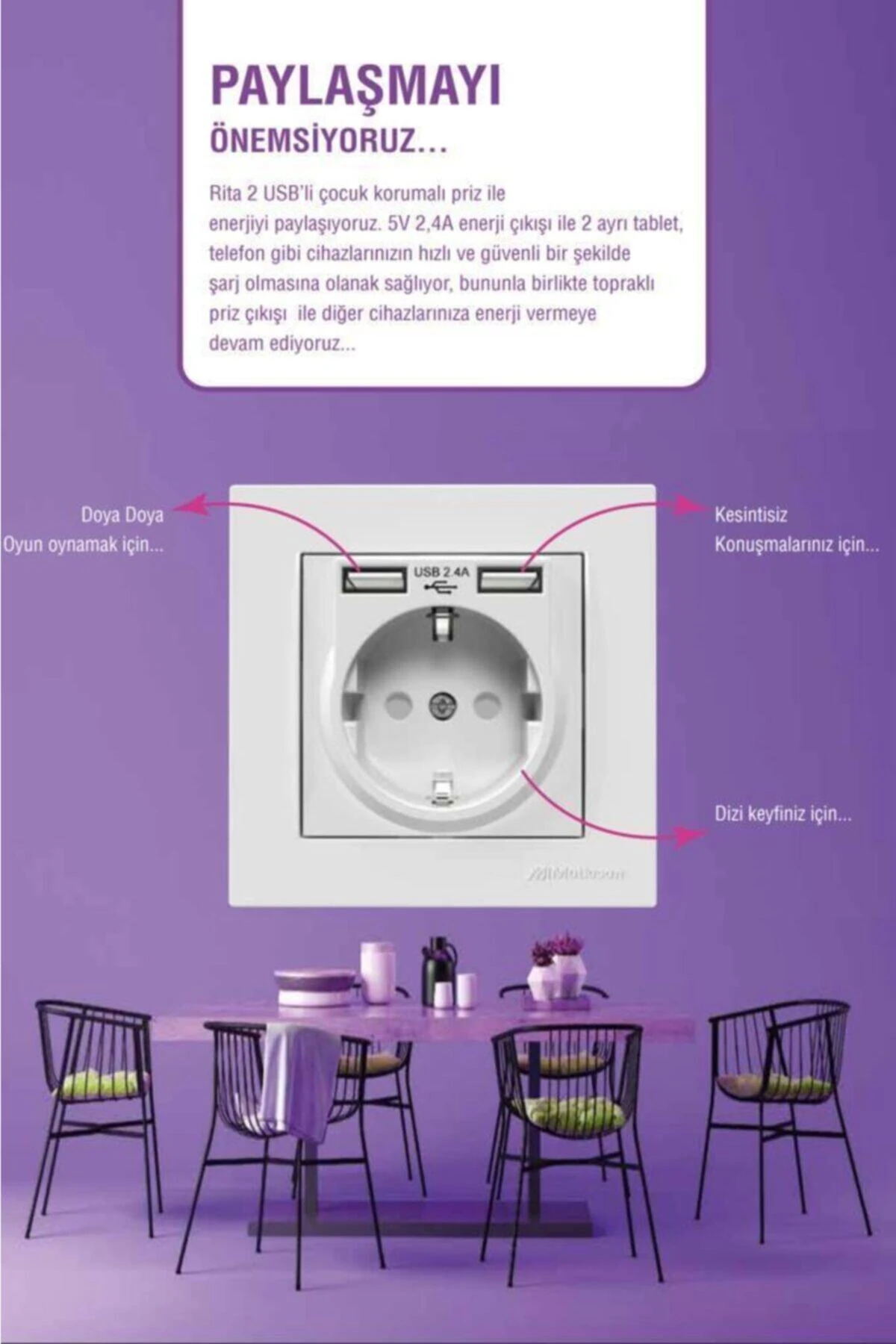 Rita 2,4 A Hızlı Şarj Edebilen 2 Usbli Topraklı Priz Beyaz