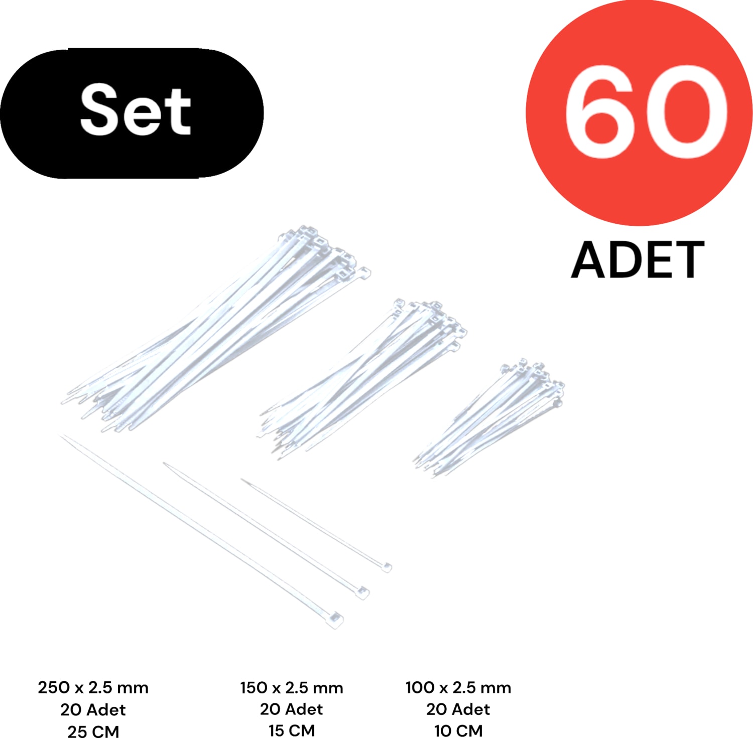 Plastik Kablo Bağı Klipsi Cırt Kelepçe Set 100-150-250 x 2.5 mm Beyaz (20 x 3) 60 Adet