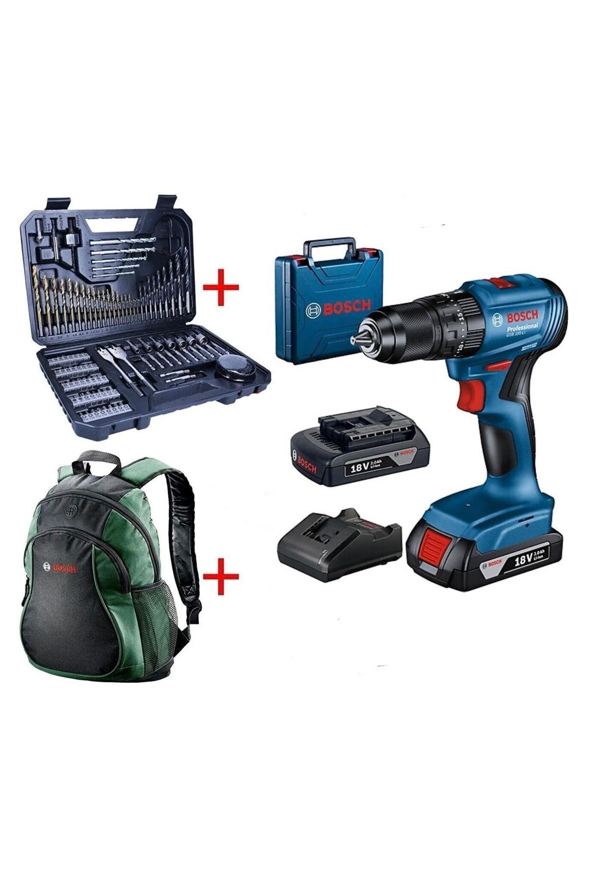 BOSCH Gsb 185-li 2ah 18v Çift Akülü Darbeli Delme Vidalama 103 Parça Aksesuar Seti+sırt Çantası