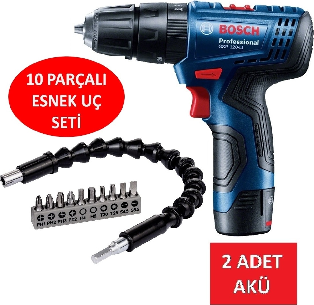 Darbeli Matkap Çift Akülü Şarjlı Matkap Akülü Vidalama + 10 Parça Esnek Vidalama Ucu 30 cm