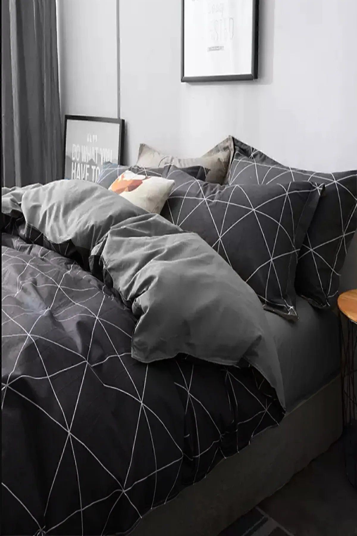 Lastikli Çarşaflı Nevresim Takımı Tek Kişilik Geometric Basic Gri