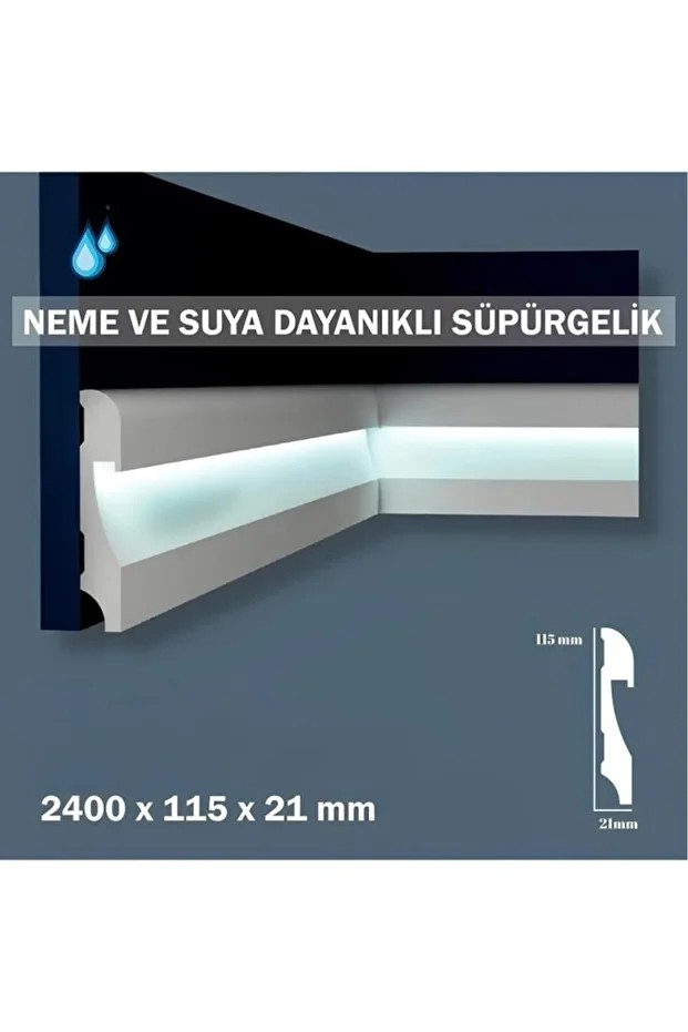11.5cm x 240cm Polimer Lake Beyaz Ledli Süpürgelik Salon Ev Ofis Koridor Çıta Parke Süpürgelik