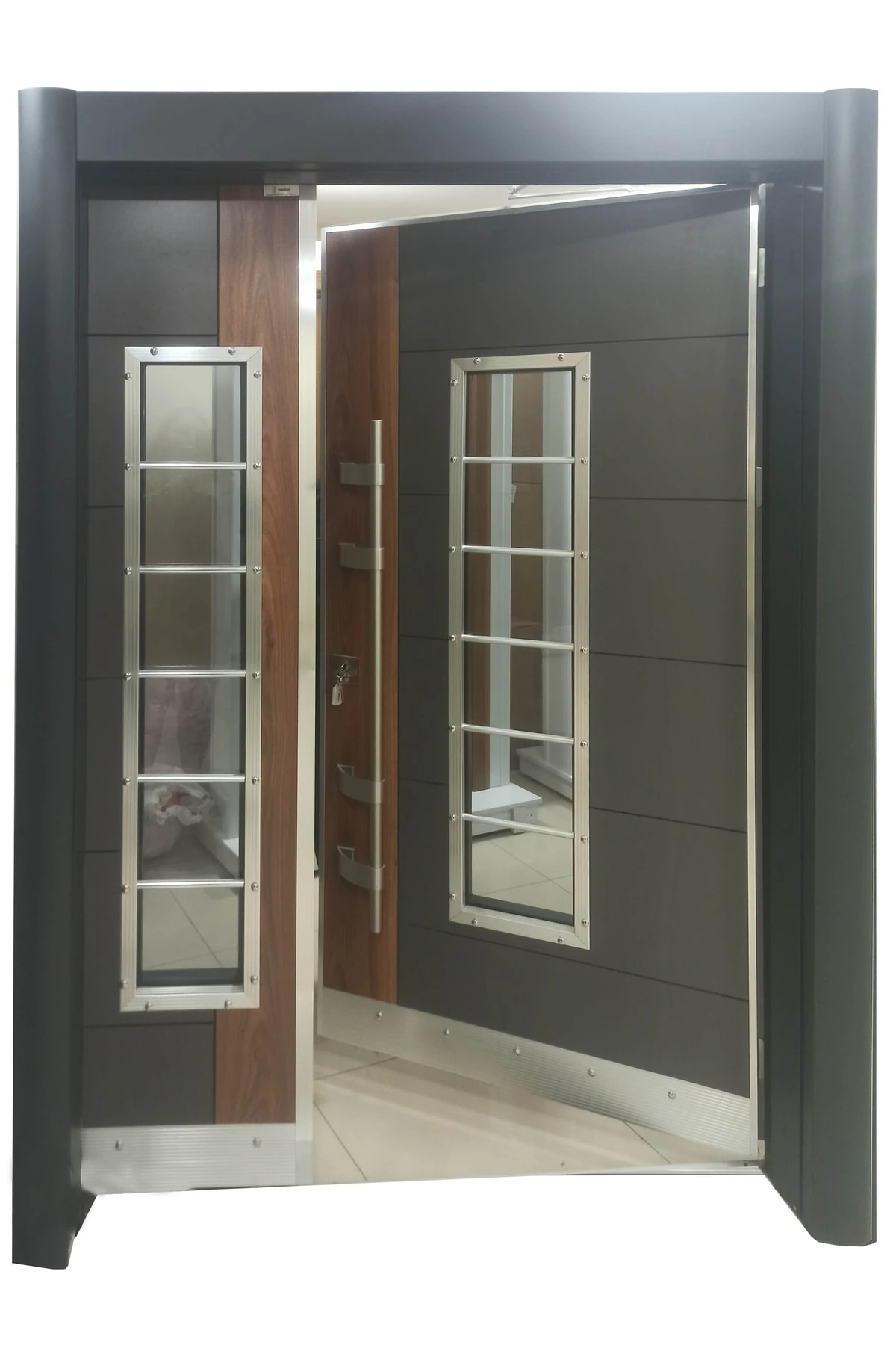 Çelik Kapı Modelleri Antrasit Rengi Bina Giriş Kapısı, Iki Renk ( Ahşap Desenli ) Sol