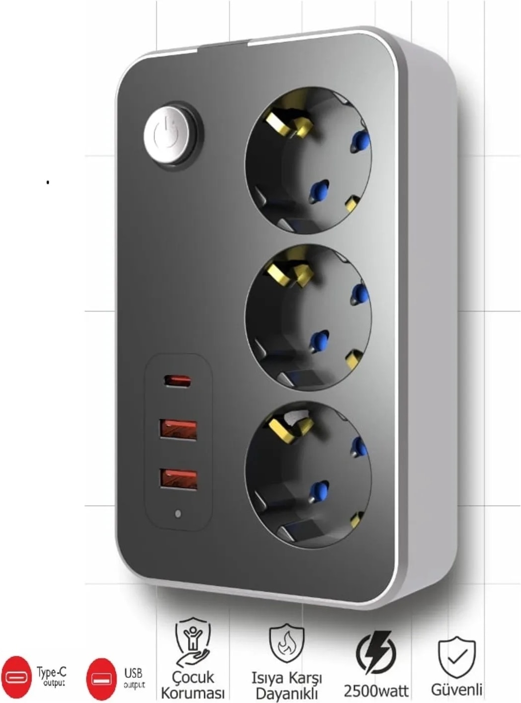 Termal Akım Korumalı USB 2.1A Şarj Çıkışlı 10A 2500W 3'Lü Uzatma Grup Priz