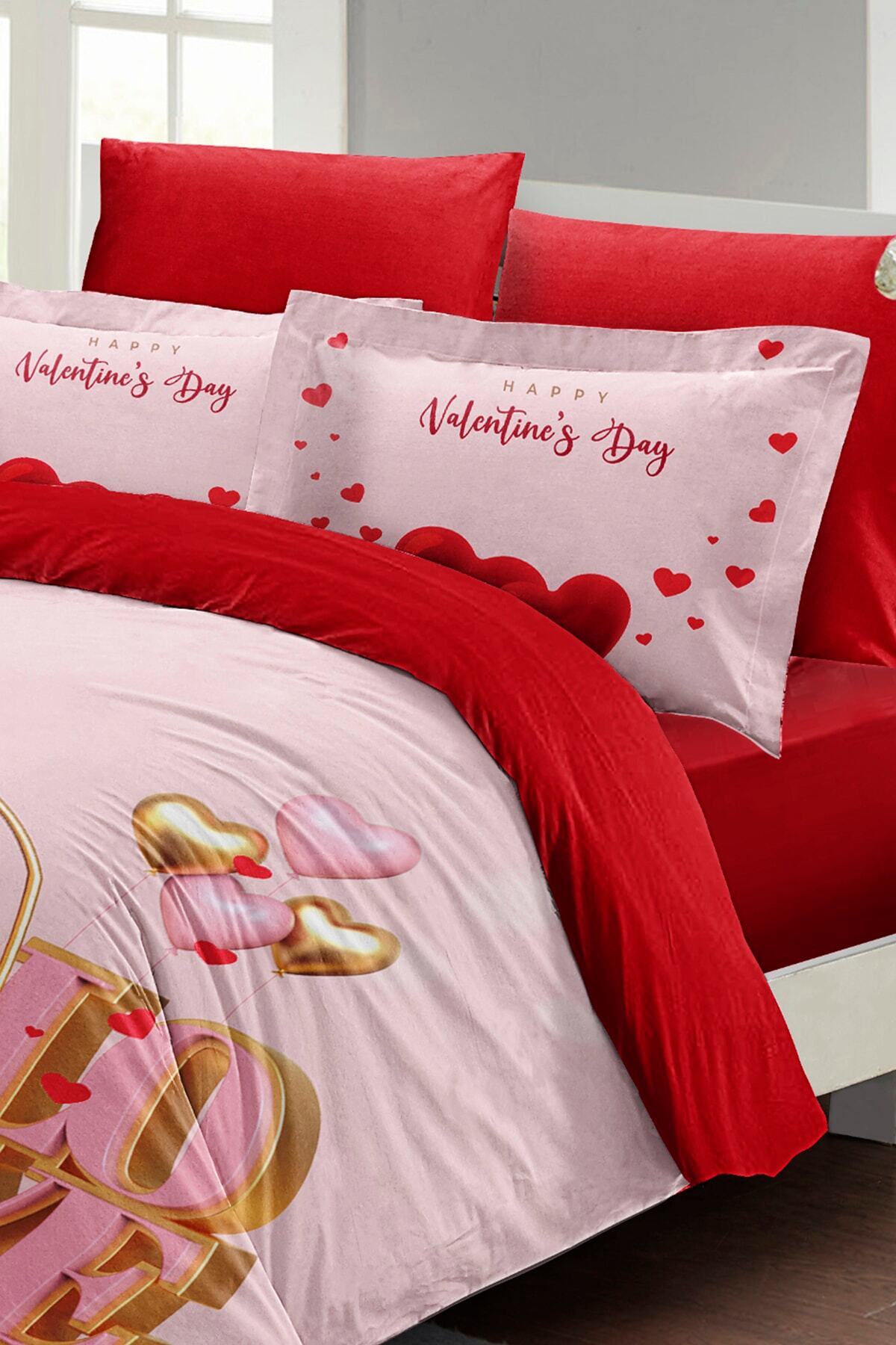 Kıng Sıze Sevgililer Günü Çift Kişilik Nevresim Takımı%100 Pamuk Saten Valentine's Day 220x240cm