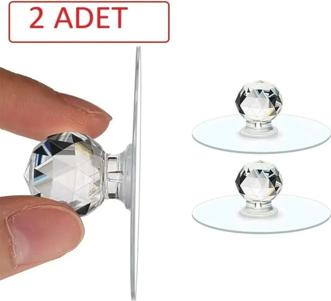 Şeffaf Kristal Başlıklı 2'li Yapışkanlı Kulp Dolap Çekmece Kulp Tutacak Askı