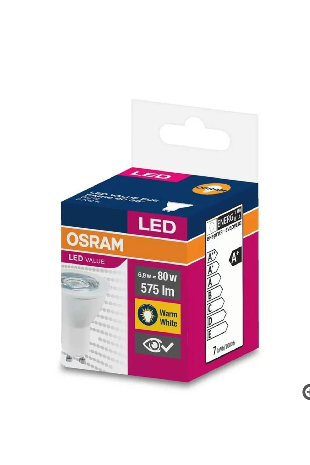 6.9w = 80w Eşdeğer Gu10 Duylu 2700kelvin Sarı Işık 575lümen F Enerji Led Value Spot Ampul