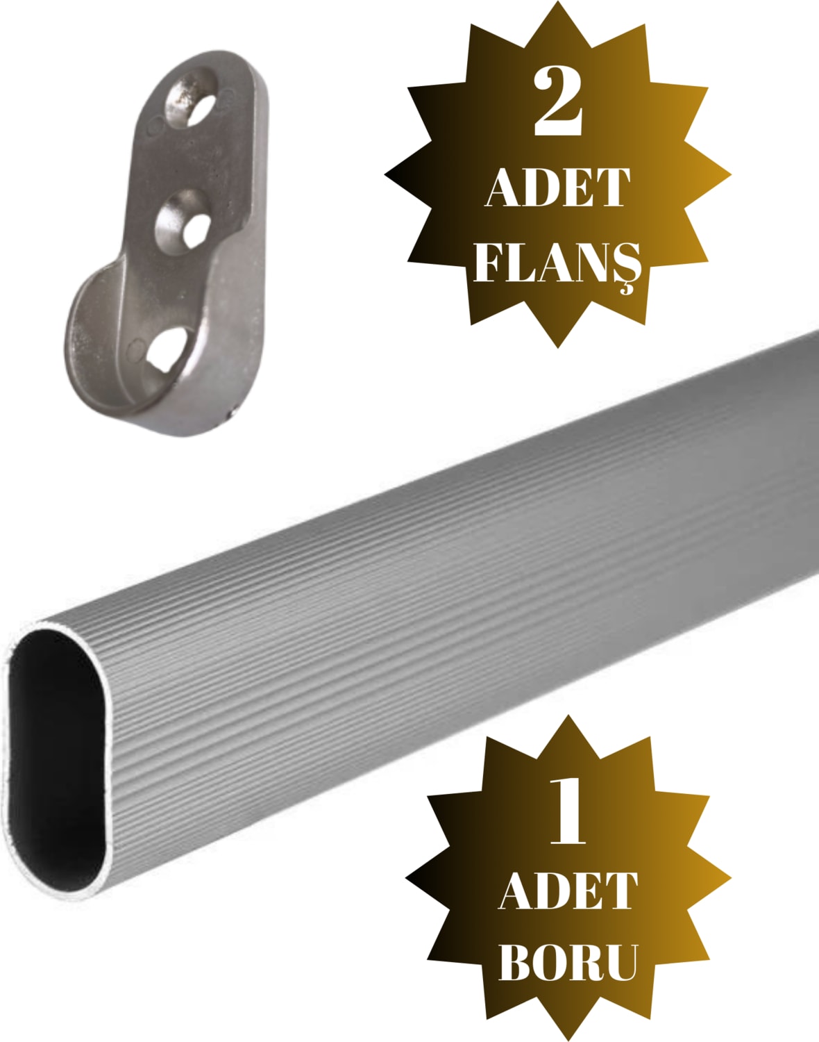 Alüminyum Oval Askı Borusu Mobilya Askı Borusu (2 Adet Flanş 1 Adet Boru) (Alüminyum Oval En:15 mm Boy:25 mm)