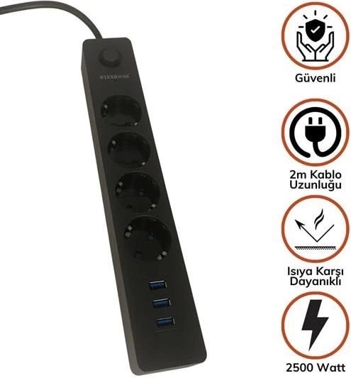 Termak Akım Korumalı 4 Priz 3 USB Girişli Uzatma Kablosu Güç&şarj