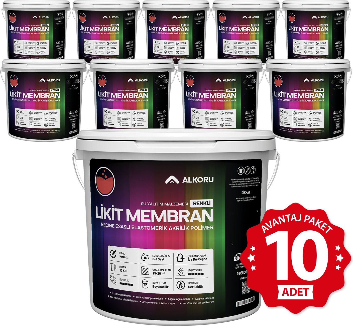10 Adet 13 kg Kırmızı Likit Membran Renkli Reçine Esaslı Sıvı Su Yalıtım Malzemesi Avantaj Paket