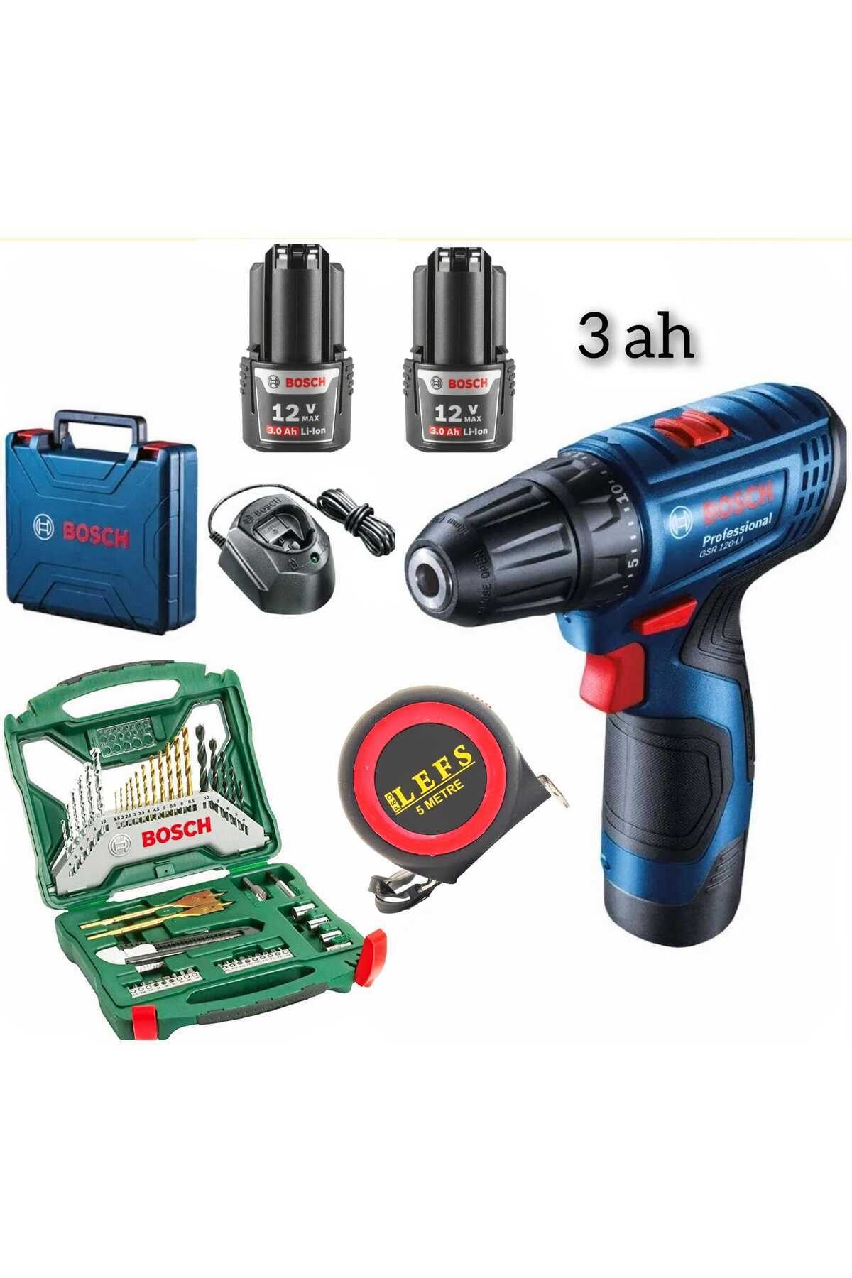 BOSCH Gsb 120 Li Darbeli Vidalama (3 AH ÇİFT BATARYALI) , 50 Parça Uç Seti Ve Prolefs Metre