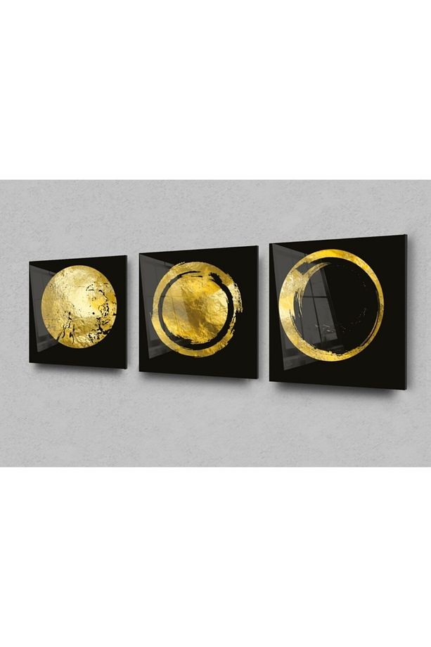 3lü Altın Sarısı Dairesel Soyut Cam Tablo, Modern Tablo, Duvar Dekor, Büyük Tablo, Cam Duvar Tablo