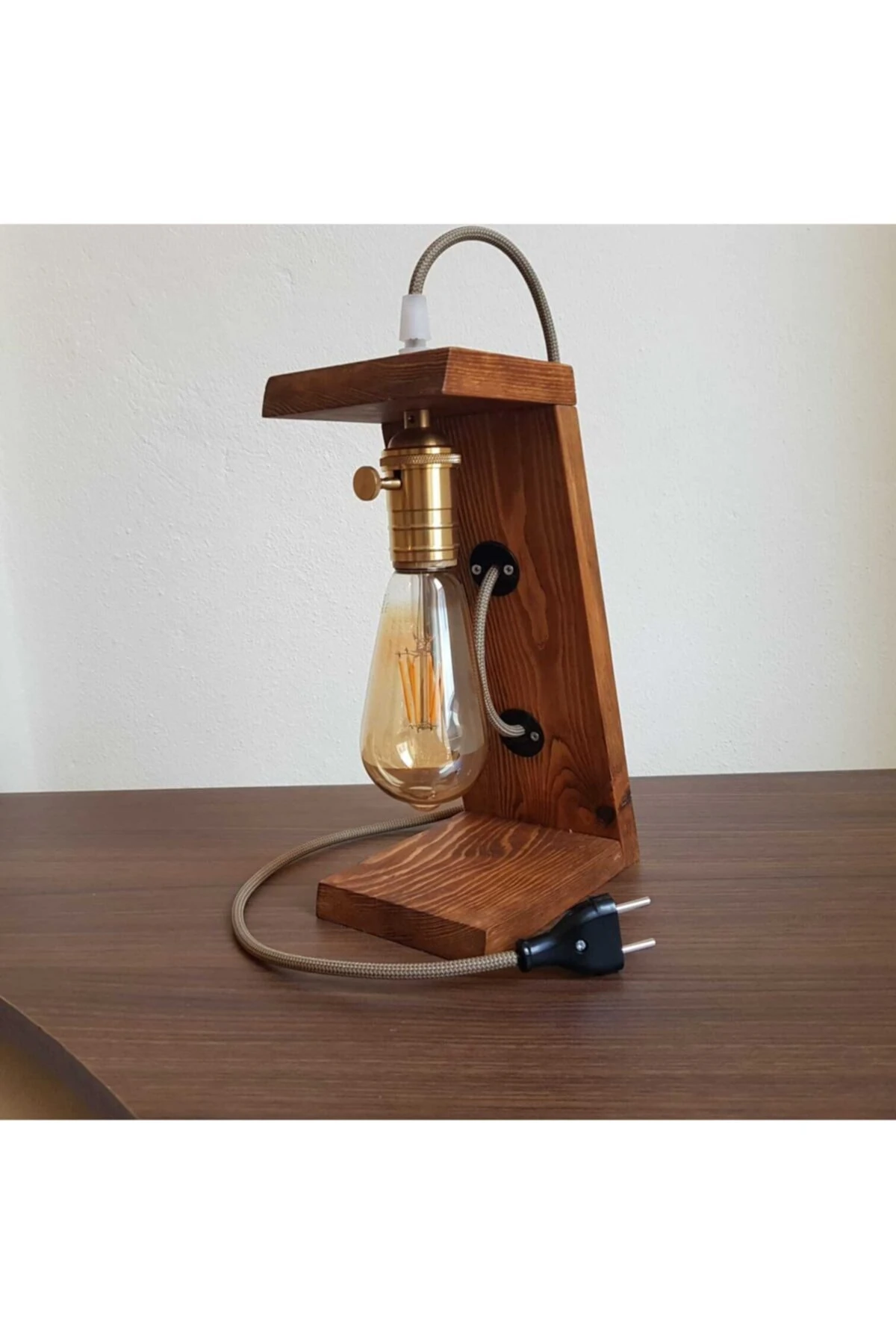 Eskitme Duylu Kendinden Anahtarlı Retro Rustik Ahşap Masa Lambası - Abajur