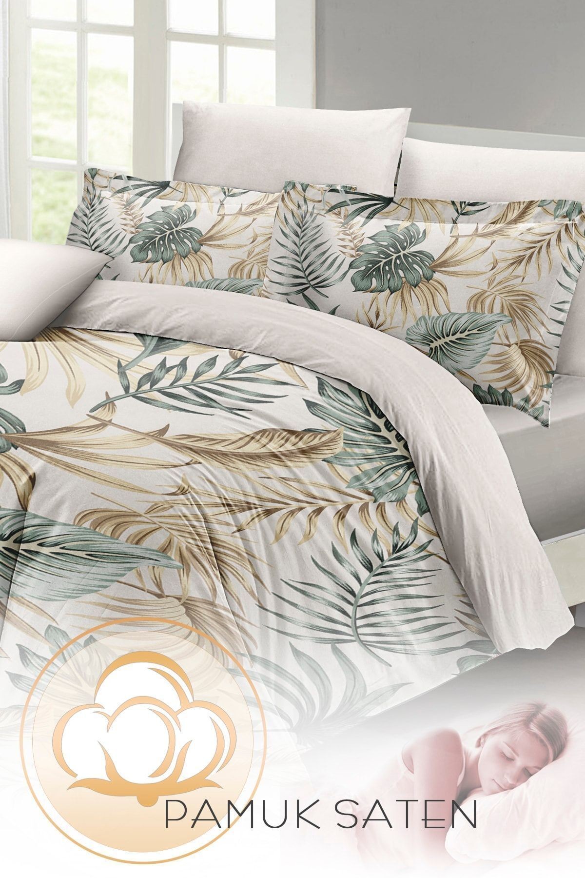 Botanik Palm Çift Kişilik Nevresim Takımı 3d Pamuk Saten