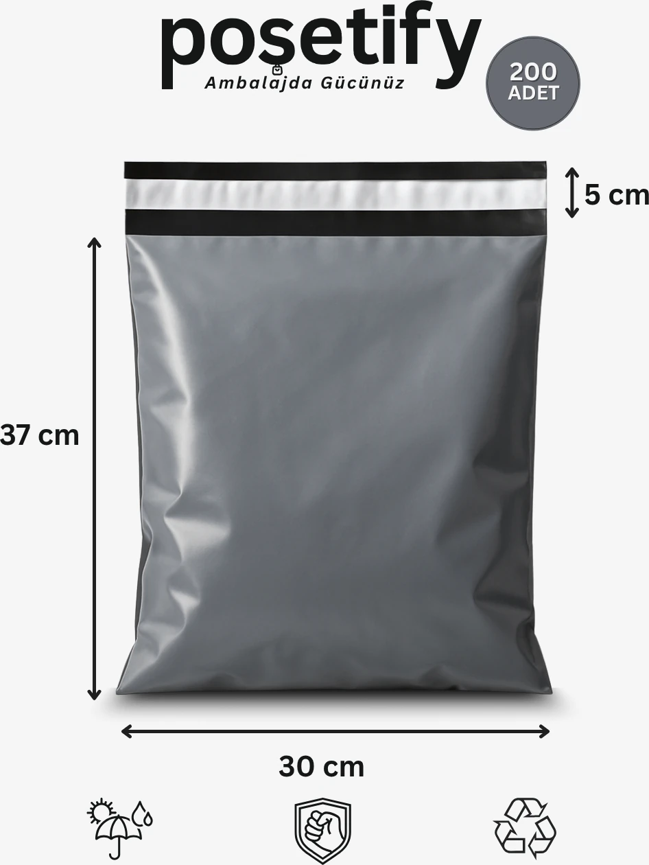 Gri Cepsiz Kargo Poşeti 30X37+5 cm 200 Adet E-Ticaret Poşeti | Yapışkan Bantlı Kargo Zarfı