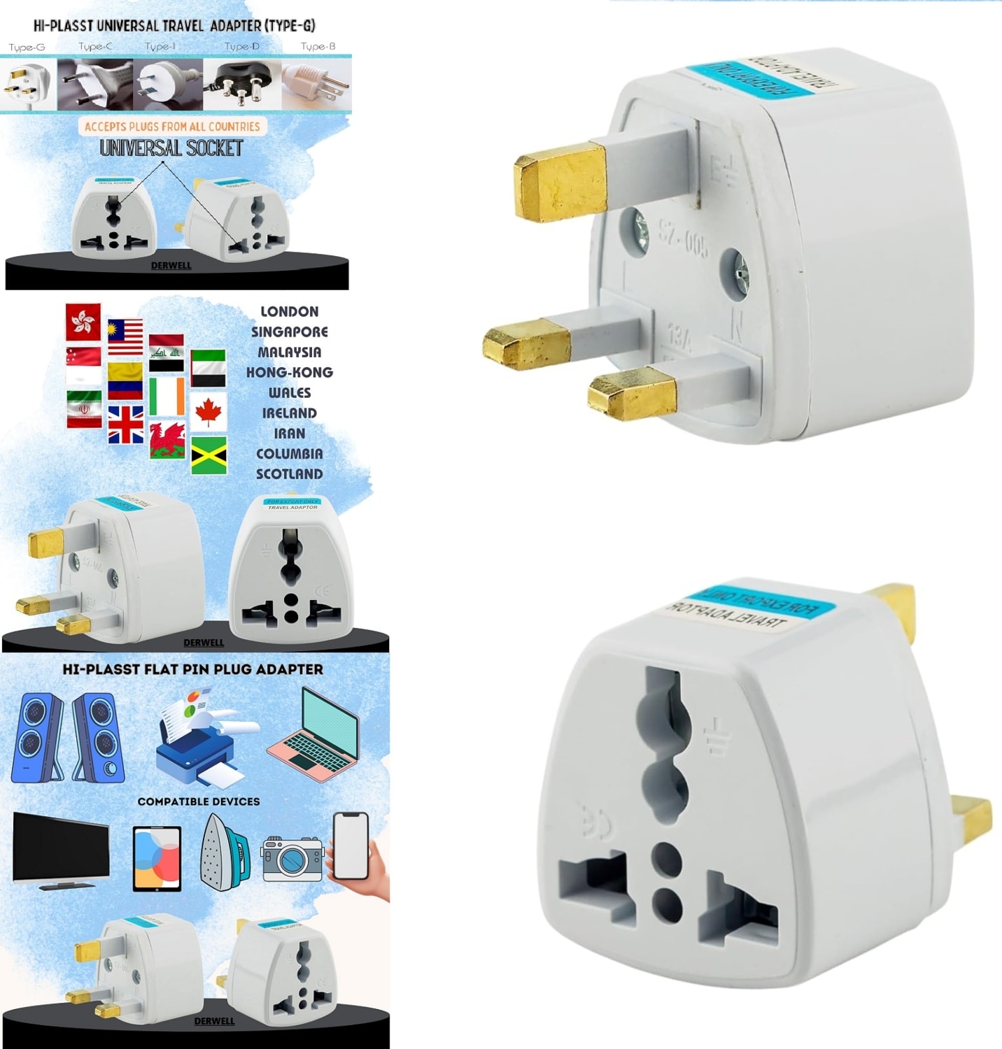Ingiltere, Hong Kong, Irlanda, Kıbrıs Seyahat Fişi Adaptörü Tip G Plug Adapter Üniversal 3 Pinli
