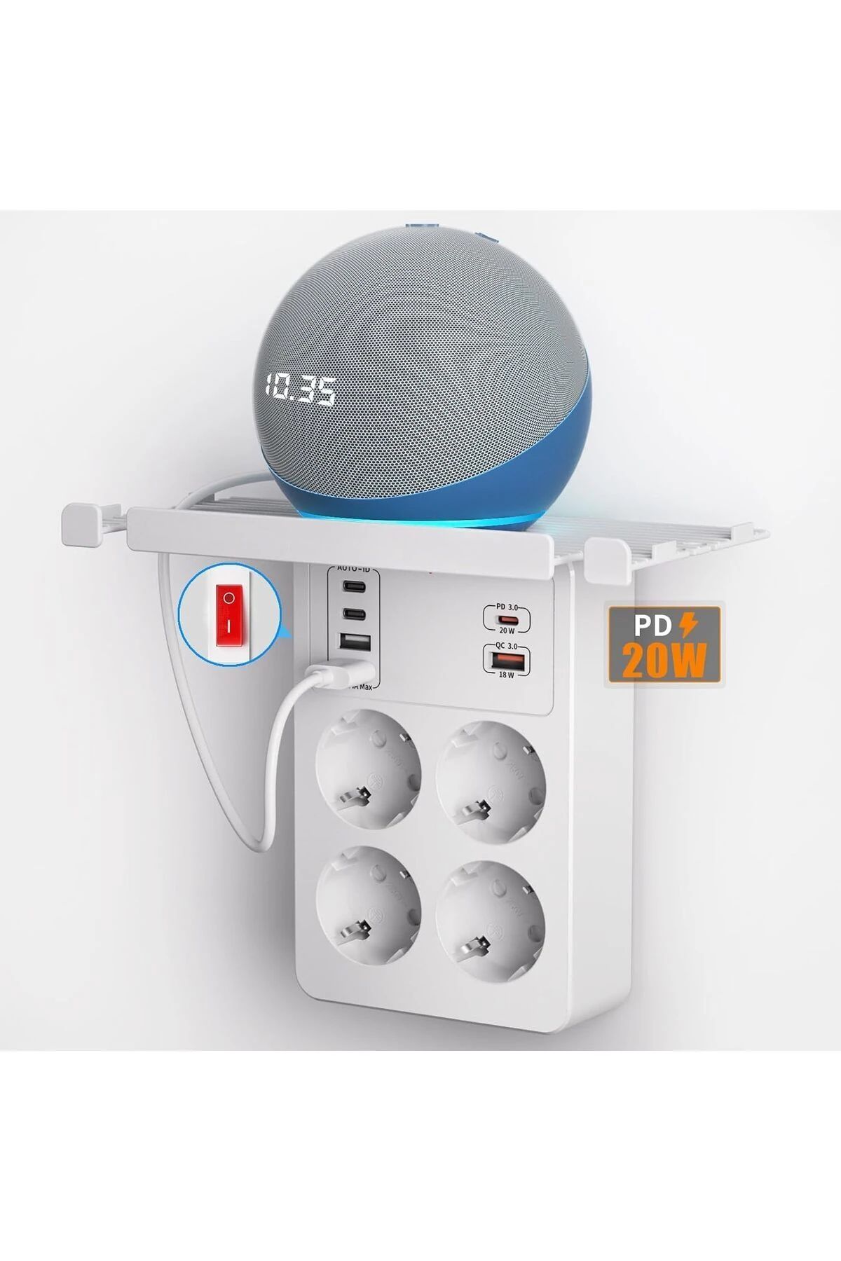 Anahtarlı Çoklu Priz USB C, Akım Korumalı Topraklı Hızlı şarjlı, Priz çoklayıcı Adaptör, Beyaz