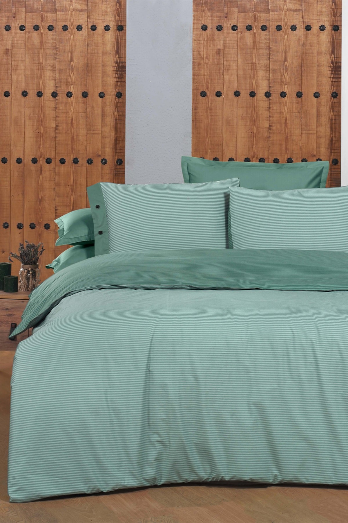 New Fancy Stripe Koyu Yeşil King Size (battal Boy) %100 Pamuk Çizgili Nevresim Takımı