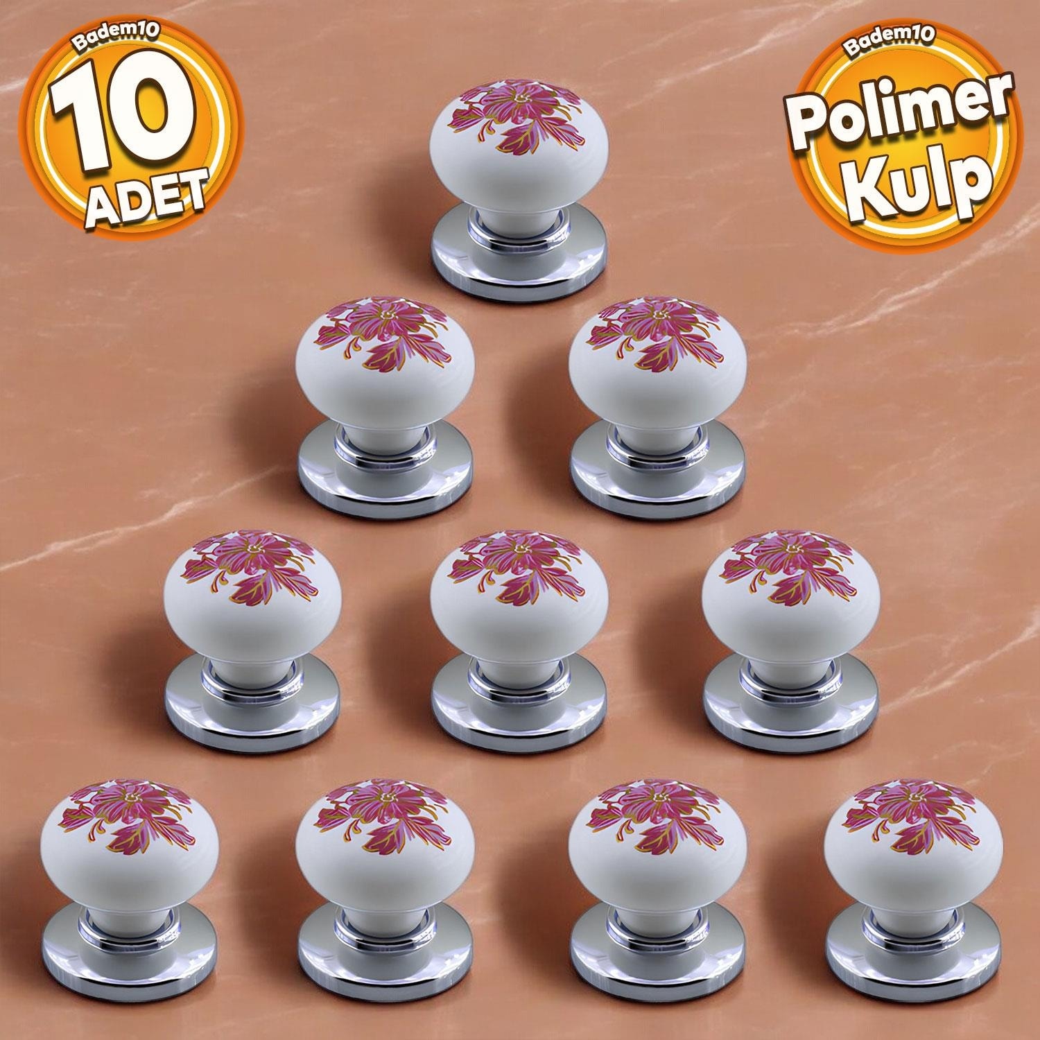 Polimer Kulp Düğme Pembe Çiçek Desenli Krom Tabla Mobilya Mutfak Dolabı Çekmece Kulpu Kulbu 10 Adet
