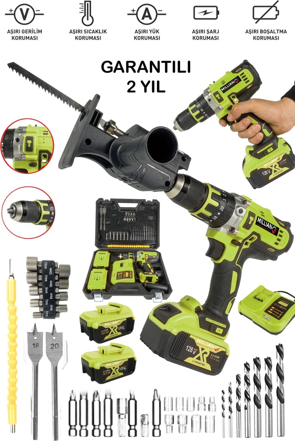 128V Darbeli Şarjlı Matkap, Testere Aparatı ve Metal Şanzıman Hediye