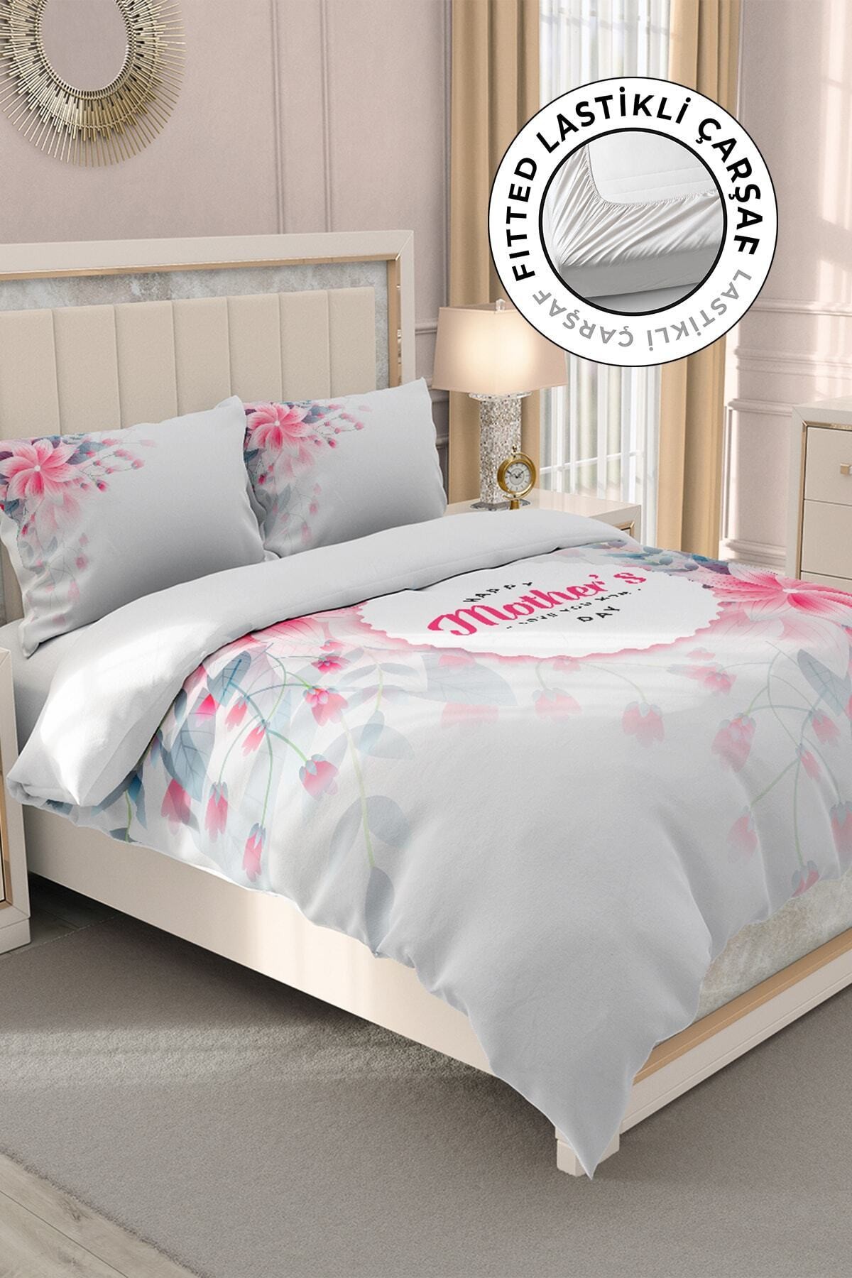 Lastikli Çarşaflı %100 Pamuk Saten Çift Kişilik Nevresim Takımı Anneler Günü Love You Mom
