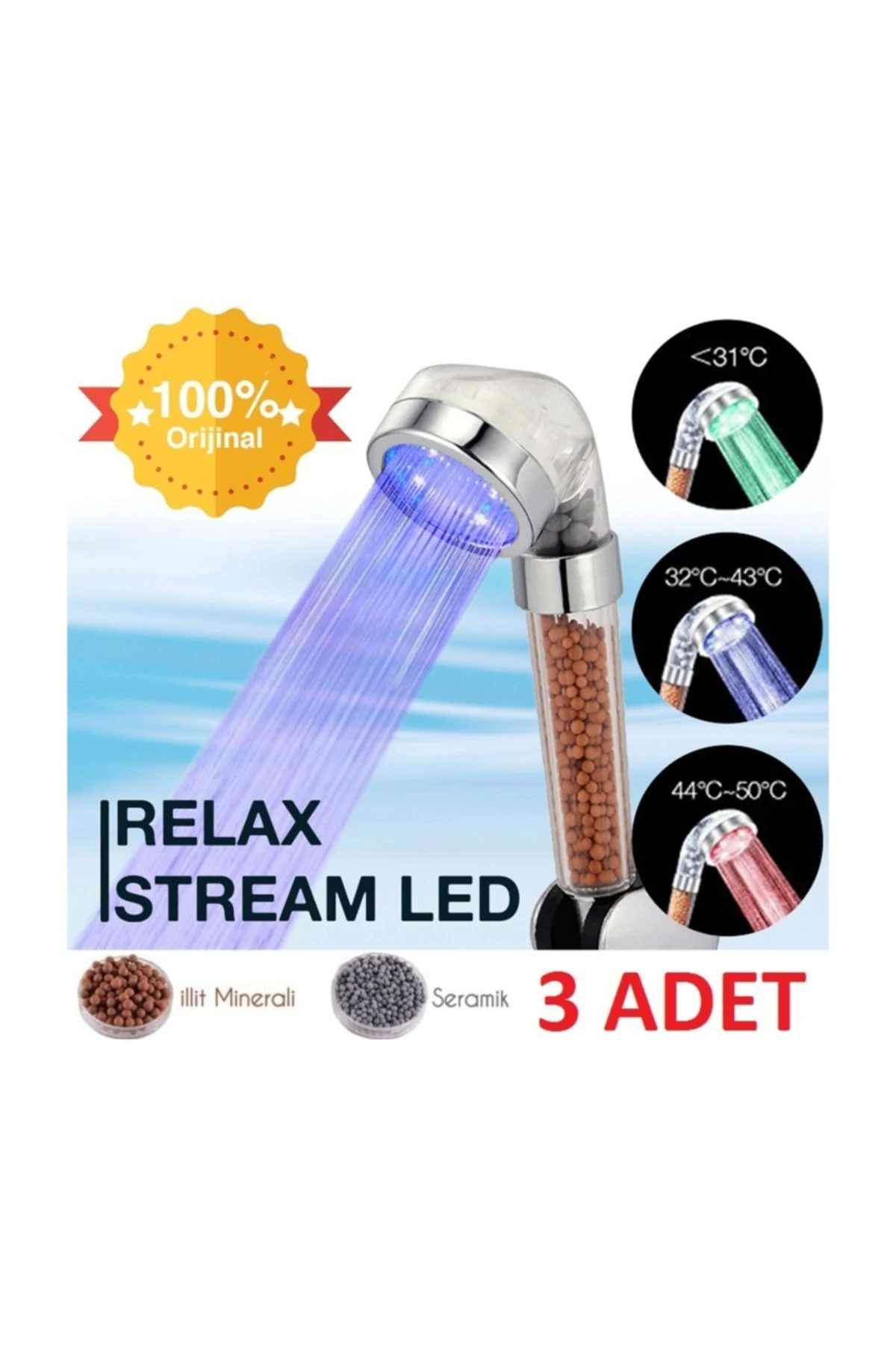 Stream Led Işıklı %50 Su Tasarruflu Duş Başlığı Kokulu Ve Arıtmalı Duş Başlığı - 3  Adet