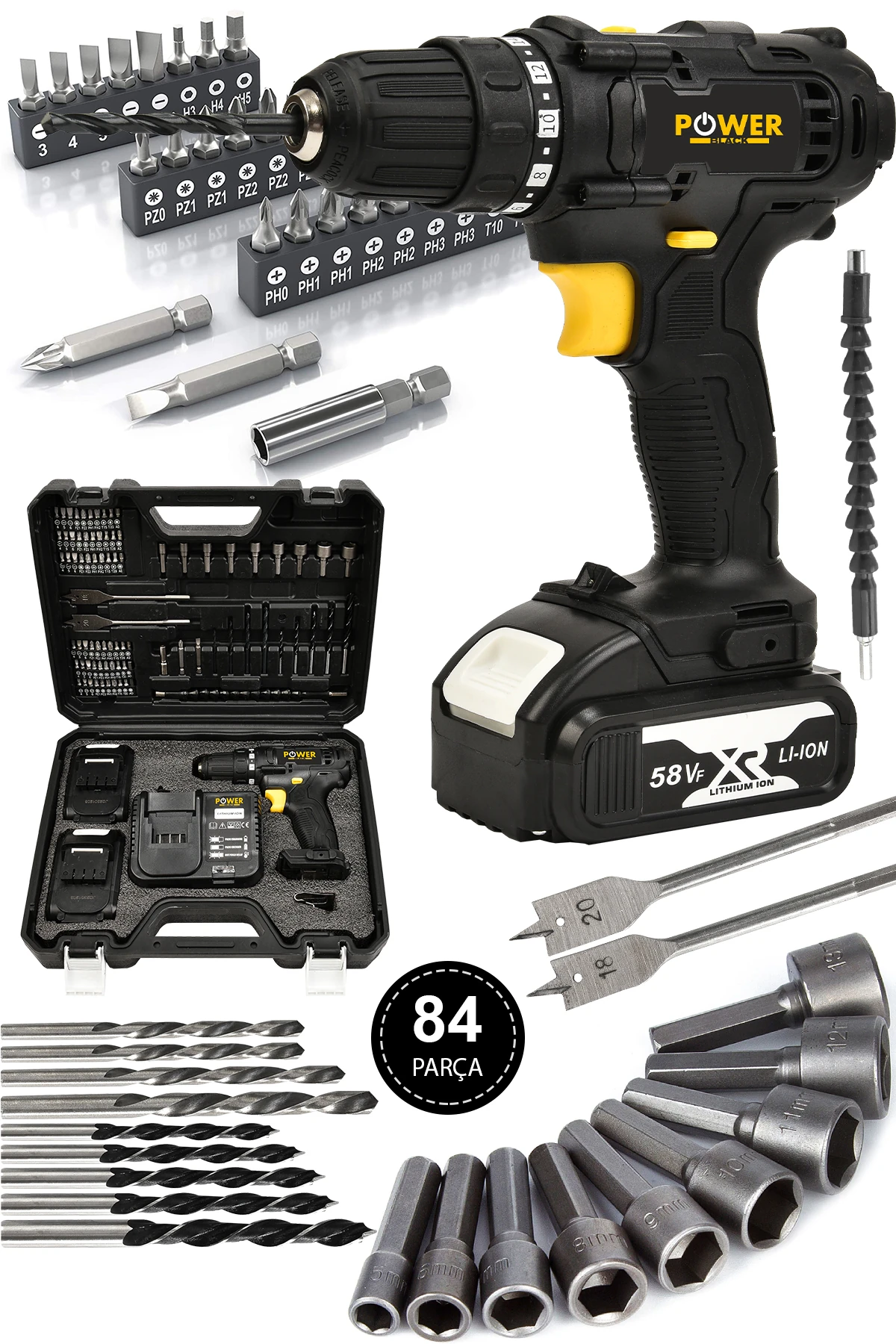 58 Vf 5 Ah Metal Şanzıman Çift Akülü Şarjlı Matkap 84 Parça Akülü Vidalama Set SARI