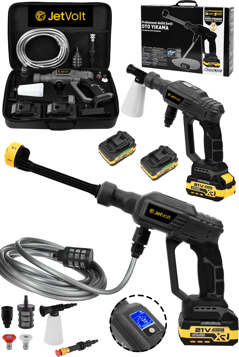 21V 2.0AH Kömürsüz Motor Yüksek Basınçlı Akülü Oto Araba Yıkama Makinesi Şarjlı - Siyah
