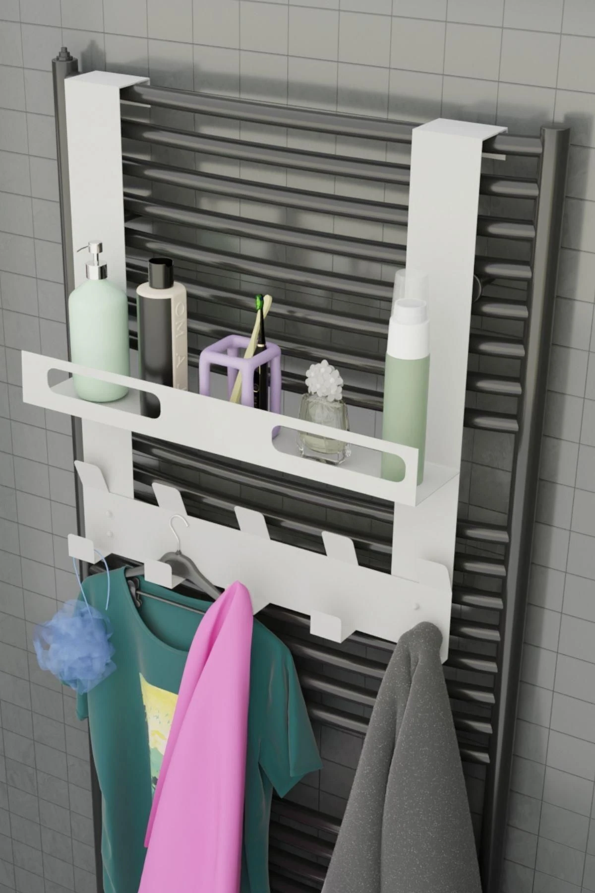 Beyaz Raflı Havlupan Askısı Banyo Petek Askısı ve Raflı Havlu Askılığı, Banyo Peteği Askılığı MT105B