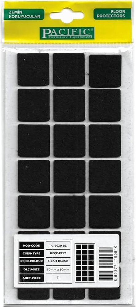 Zemin Koruyucu 30X30 mm Siyah Keçe, Ses ve Çizik Önleyici Siyah Mobilya Keçesi 2 Adet
