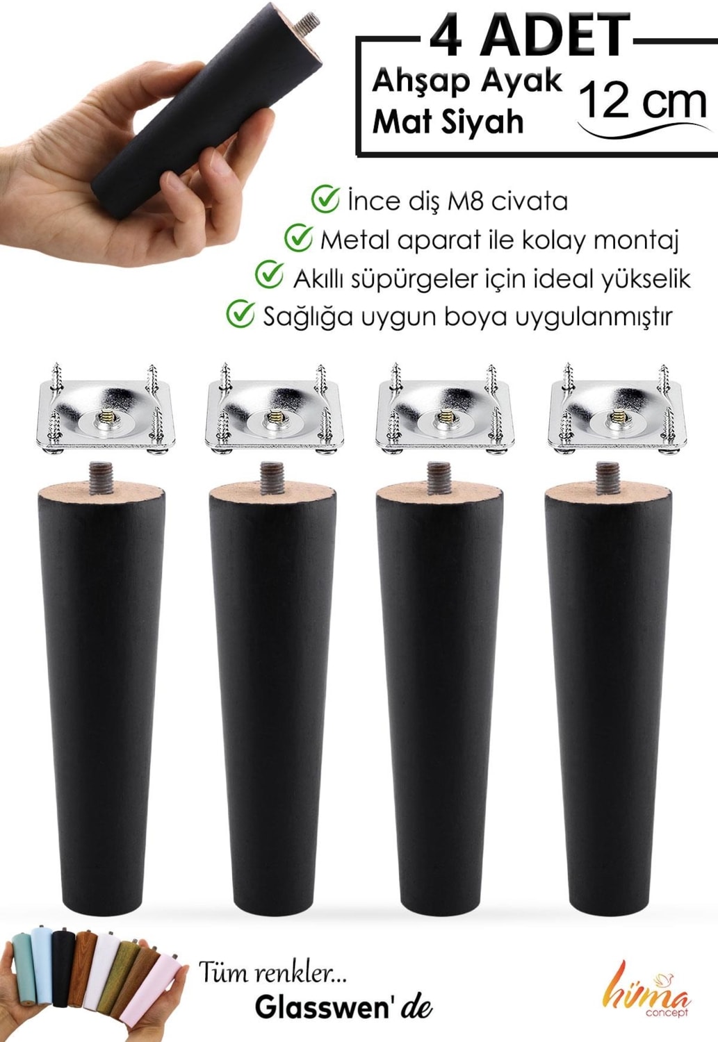 4 Adet Ahşap Ayak 12 cm Siyah M8 Civatalı Bağlantı Aparatlı Dolap Mobilya Koltuk Kanepe Destek Ayağı Ayakları
