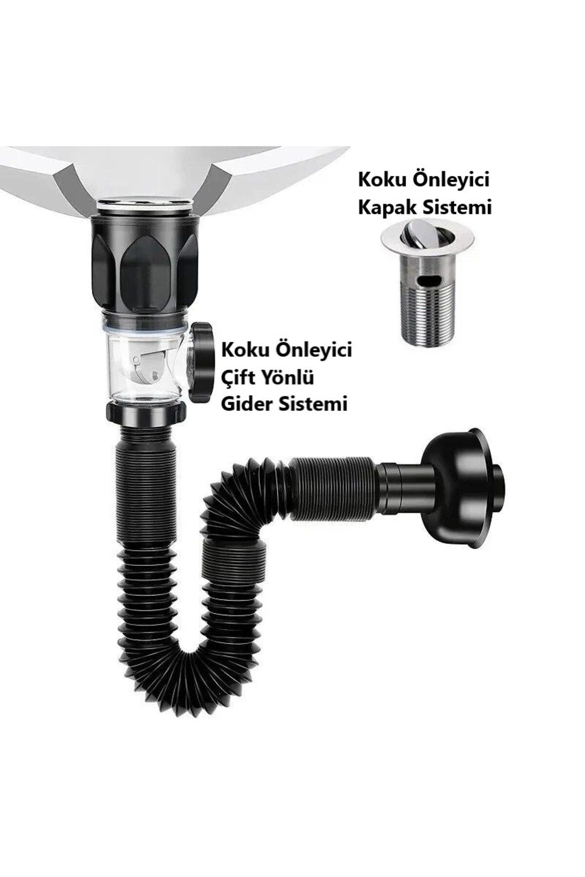 Koku Önleyici Yeni Nesil Körüklü Lavabo Sifonu Altı Hortumu Çift Yönlü Gider Borusu Evye Alt Takımı