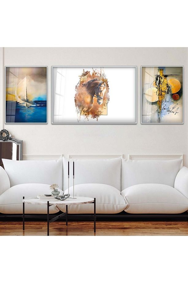 Gümüş Metal Çerçeveli Modern Çizim At Üçlü Kırılmaz Cam Tablo Seti