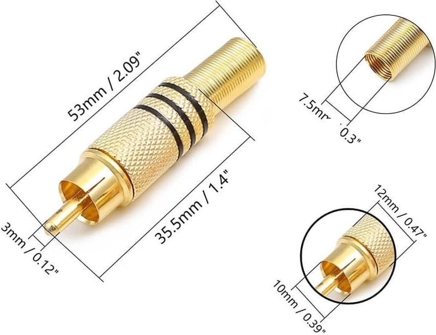 10 Adet - Rca Erkek Tos Jak Fiş Metal Yaylı - Rca Erkek Gold Konnektör