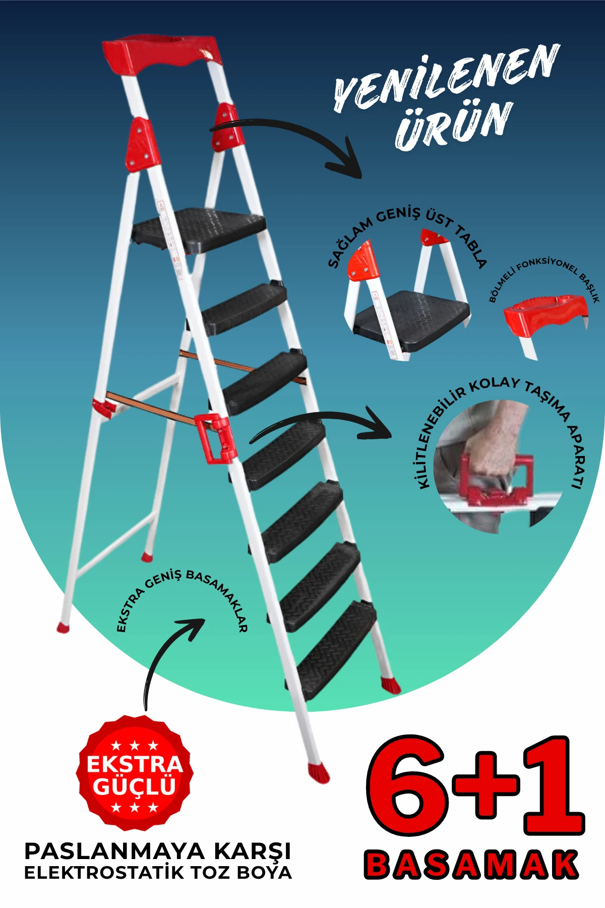 Elegance 6+1 Geniş Basamaklı Kolay Taşıma Aparatlı Merdiven Kaliteli Paslanmaz