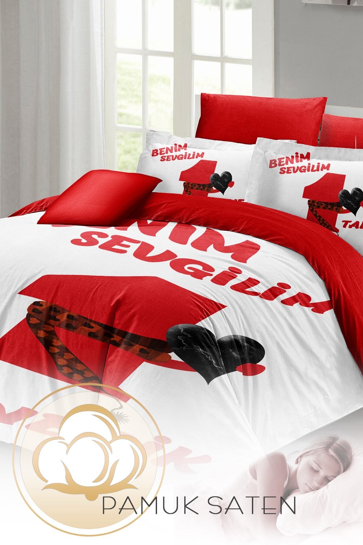 Kıng Sıze Sevgililer Günü Çift Kişilik Nevresim Takımı%100 Pamuk Saten Bitanecik Sevgilim 220x240cm