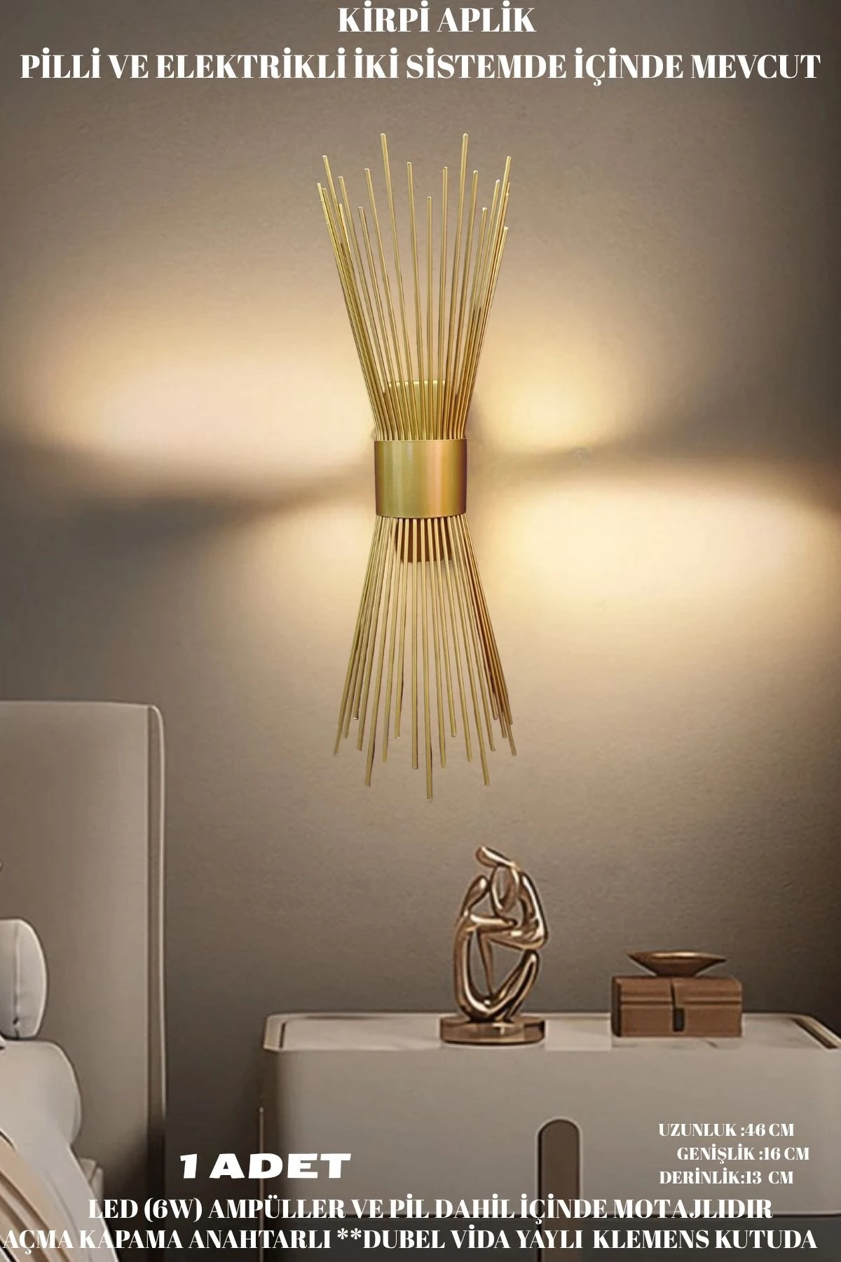 Kirpi Aplik Eskitme, Pilli Aplik, Anahtarlı, Pilli Elektrikli Ledli Duvar Aplik, Gece Lambası