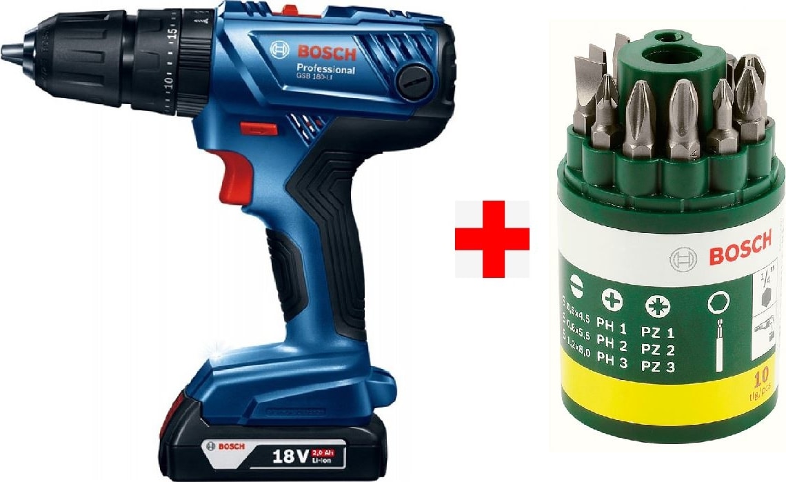 BOSCH Gsb 180-LI 18V 2AH Darbeli Akülü Vidalama Şarjlı Matkap + 10 Parça Vidalama Ucu Seti
