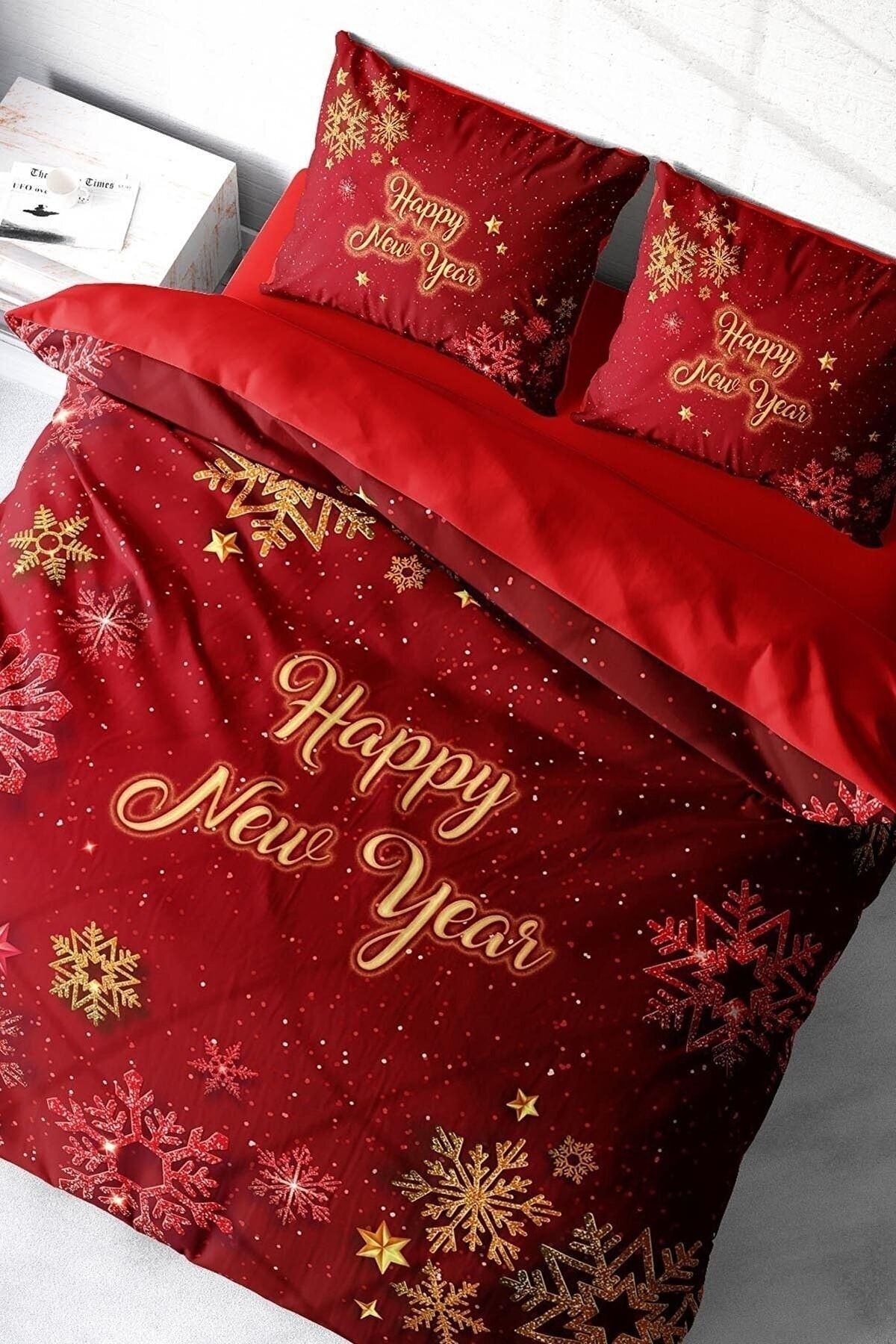 Yılbaşı Süsü Kar Kristalleri Noel %100 Pamuk Saten 3d Çift Kişilik Nevresim Takımı