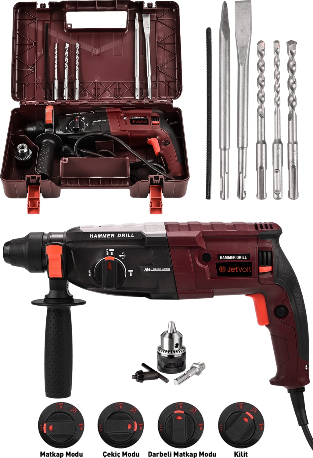 850W Metal Şanzıman Darbeli Matkap Kırıcı Delici Hilti 2-28MM - Kırmızı