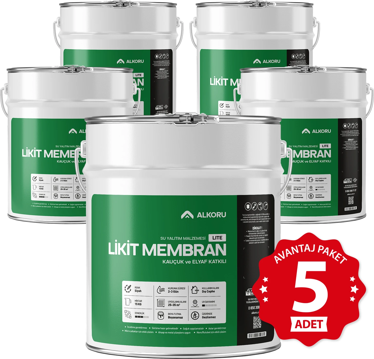 5 Adet 15 kg Lite Likit Membran Kauçuk ve Elyaf Katkılı Sıvı Su Yalıtım Malzemesi Avantaj Paket