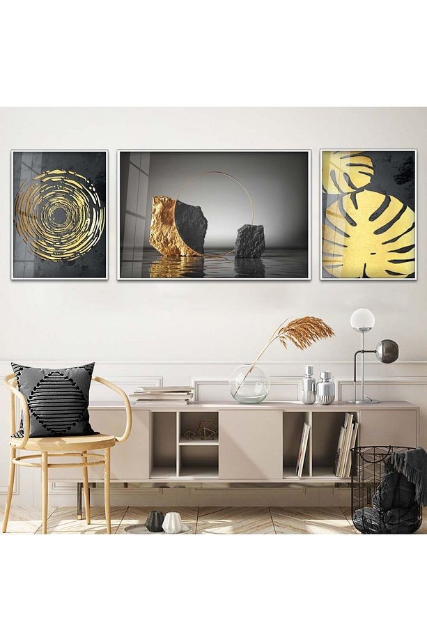 Beyaz Metal Çerçeveli Altın Desen Modern Üçlü Kırılmaz Cam Tablo Seti