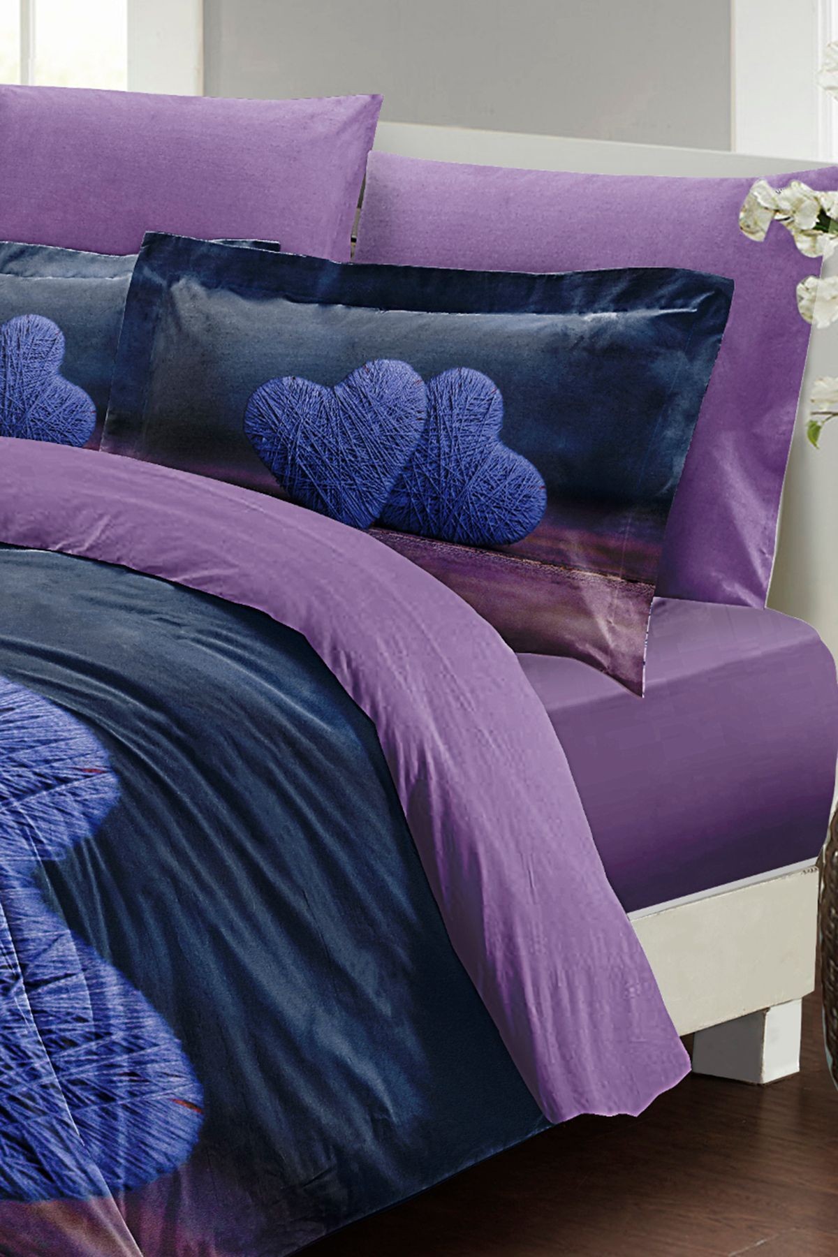 Lastikli Çarşaflı %100 Pamuk Saten Çift Kişilik Nevresim Takımı Wool Heart