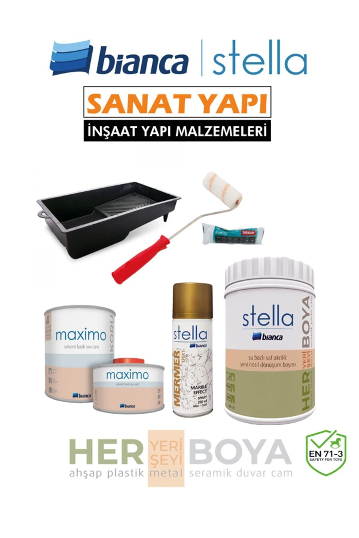 Set 1Lt - Siyah Boya + Mermer Effekt Sprey + Maximo Sıvı Cam Parlak