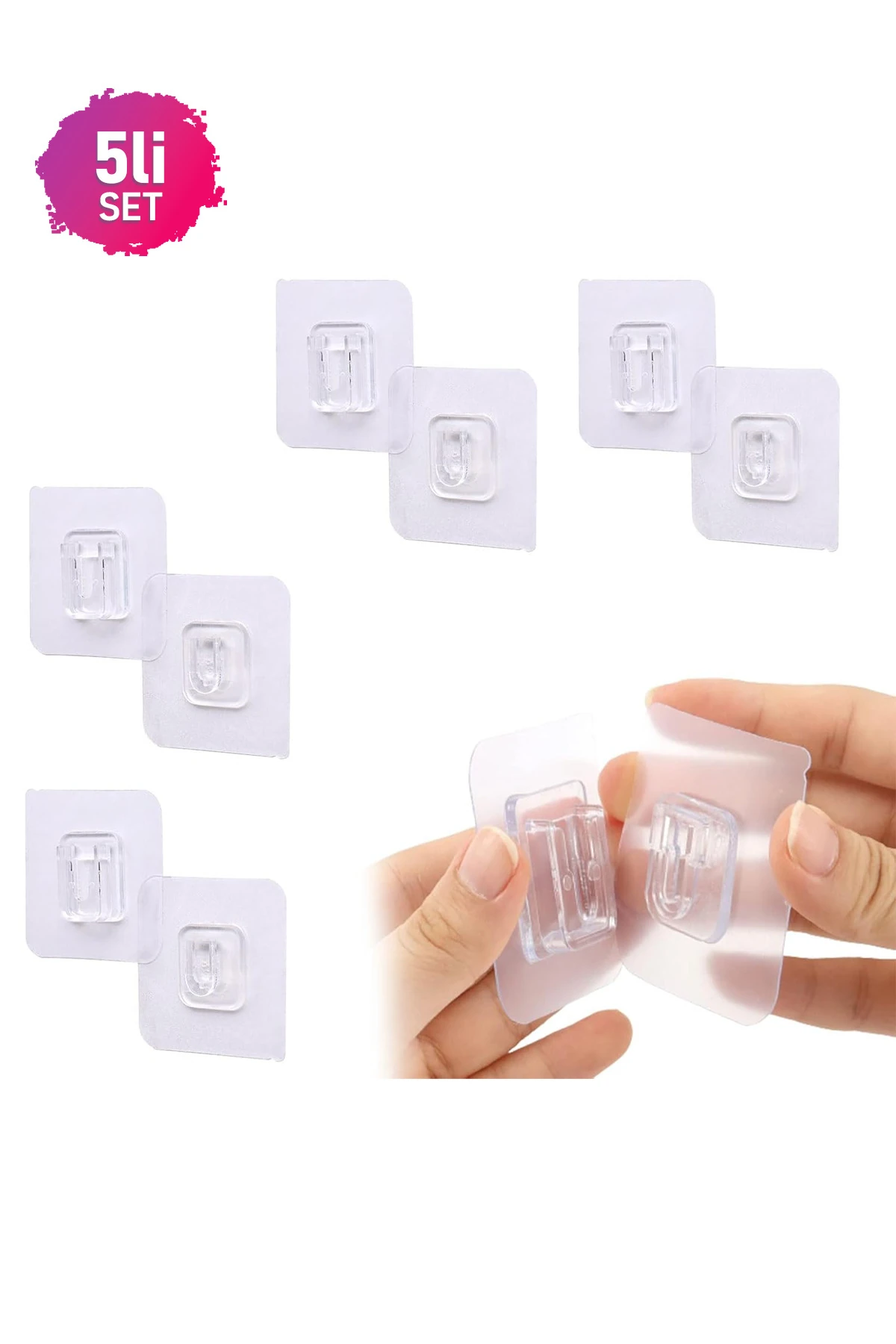 Çift Taraflı Yapışkanlı Geçmeli Klips Şeffaf Duvar Asma Kancası 5 Çift Eşya Sabitleme Kanca Askısı