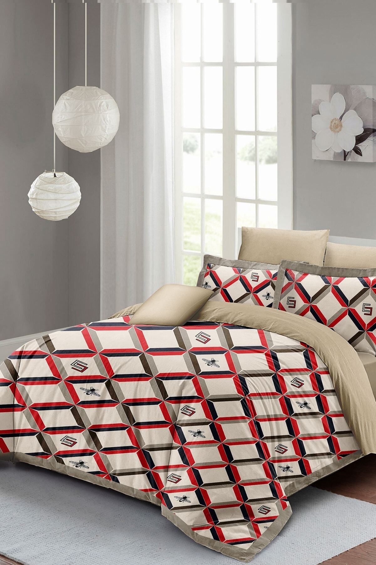 Kıng Sıze Geometric Design Çift Kişilik Nevresim Takımı 3d Pamuk Saten 220x240cm